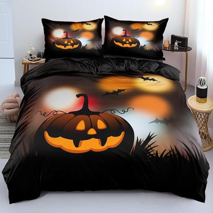 3D Print Halloween Bedding Set King - Duvet Cover and 2 Pillowcases Pumpkin Bed Set for Festival Decor