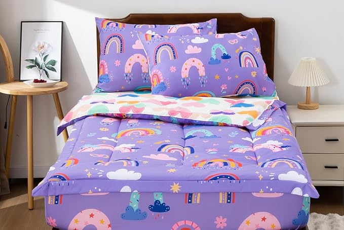 Holawakaka Kids Zipper Bedding Rainbow Comforter Set, Boys Girls Twin Size Bohemian Love Heart Stars Flowers Print Zippered Bed Sets, Child Boho Dorm Zip Bedding