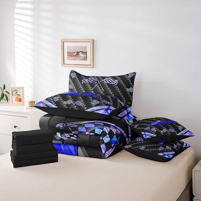 Feelyou Blue Race Car 7 Piece Bedding Set Twin Size Extreme Sports Comforter Set with Sheets for Kids Teens Adult Fast and Furious Bed in a Bag Dazzling Flag Bed Set