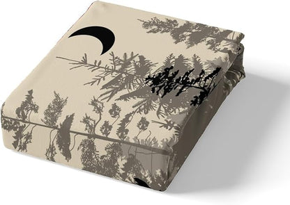 Deer Trees Silhouette Duvet Cover Set King Size,Retro Red Black Check Plaid Comforter Cover with 2 Pillowcases Bedspread,Rustic Bird Moon Print Microfiber Quilt Cover for Adult Women,3pcs