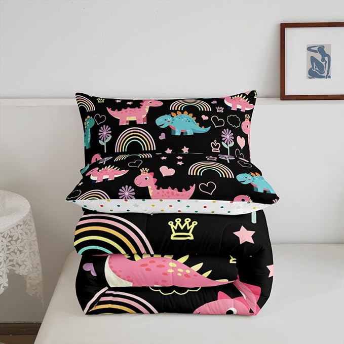 Castle Fairy Lovely Dino Kids Comforter Set Toddler Size,Cute Rainbow Floral Love Heart Reversible Quilt Set for Boys Bedroom Decor,Pink Black Dinosaur Kawaii Animal Duvet Insert,1 Pillowcase