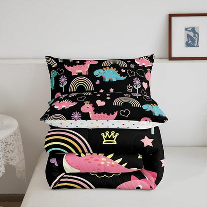 Castle Fairy Lovely Dino Full Size Comforter Set,Cute Rainbow Floral Love Heart Reversible Bedding Set Bedroom Collection,Pink Black Dinosaur Kawaii Animal Soft Quilted Duvet for Girls Teens