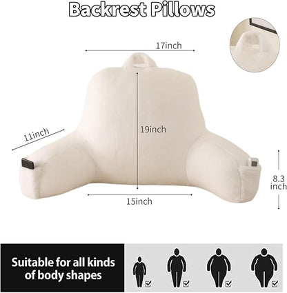 Reading Pillow for Sitting in Bed, Large Backrest Reading Pillow with Arm Rest,Back-Rest Support Cushion for Sit Up on Couch, Sofa, and Floor, Dorm Essentials (White Faux Fur, Large(19"))