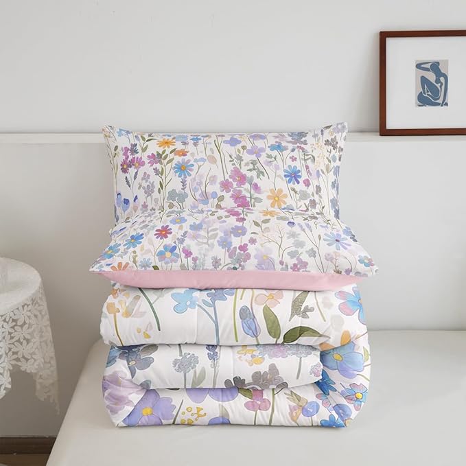Erosebridal Cute Blue Floral Full Comforter Set for Kids Girls Boys,Colorful Boho Flowers Bedding Set Rustic Country Home Decor,Watercolor Flower Quilt Bed Set Wildflower Bed Comforter Set 3Pcs