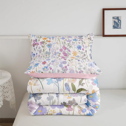 Erosebridal Cute Blue Floral Full Comforter Set for Kids Girls Boys,Colorful Boho Flowers Bedding Set Rustic Country Home Decor,Watercolor Flower Quilt Bed Set Wildflower Bed Comforter Set 3Pcs