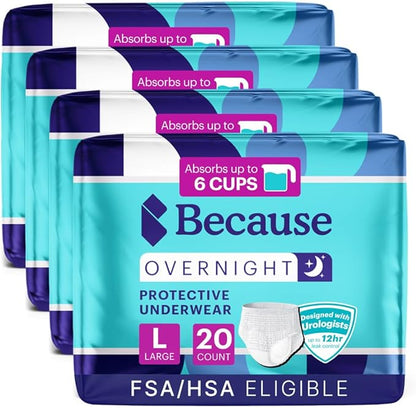 Because Overnight Absorbency Pull Ups - Adult Disposable Incontinence Underwear, Extra Absorbent Nighttime Briefs for Men and Women, White, Large, 80 Count (4 Packs of 20)