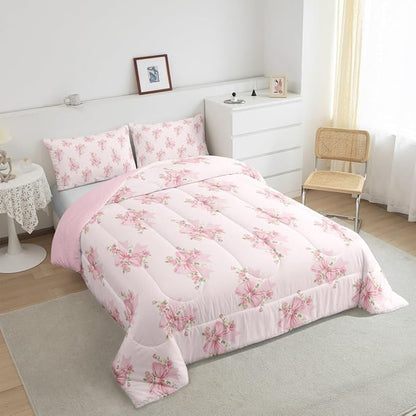 Erosebridal Cute Pink Floral Queen Comforter Set,Pink Coquette Bow Bedding Sets for Girls Kids Women,Princess Bowknot Bed Set,Boho Flower Wildflower Room Decor with 2 Pillowcases,Ultra Soft