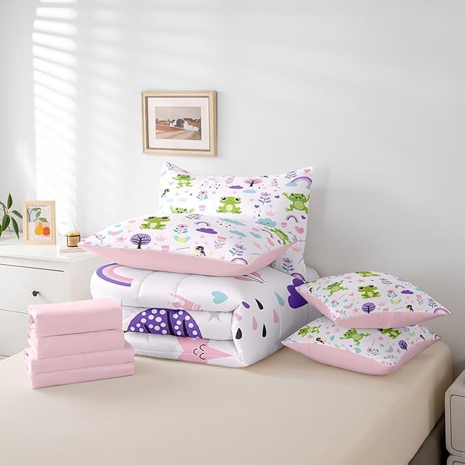 Erosebridal Twin Comforter Set 7 Pieces,Floral Frog Reversible Bed in a Bag Twin,Cartoon Zoo Animal Twin Bedding Set,Cute Flower Comforter, Flat Sheet, Fitted Sheet, Pillowcases, Pillow Shams