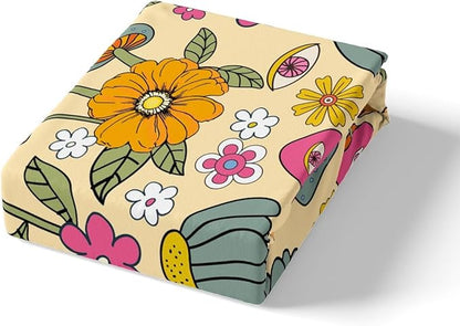 70s Retro Floral Kids Duvet Cover Set Queen Size for Children,Hippie Flowers Leaves Bedding Set for Girls Teens,Cartoon Eyes Mushroom Comforter Cover with 2 Pillowcases, Soft (No Comforter)