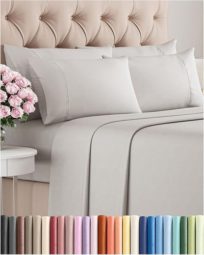 King Sheets Set 6 Piece - Includes 4 Pillowcases - Bed Sheets King Size - Soft Hotel Luxury Bedding - Cooling, Comfy, Cozy & Breathable - 1 Flat, 1 Fitted & 4 Pillowcases w/ Deep Pockets - French Grey