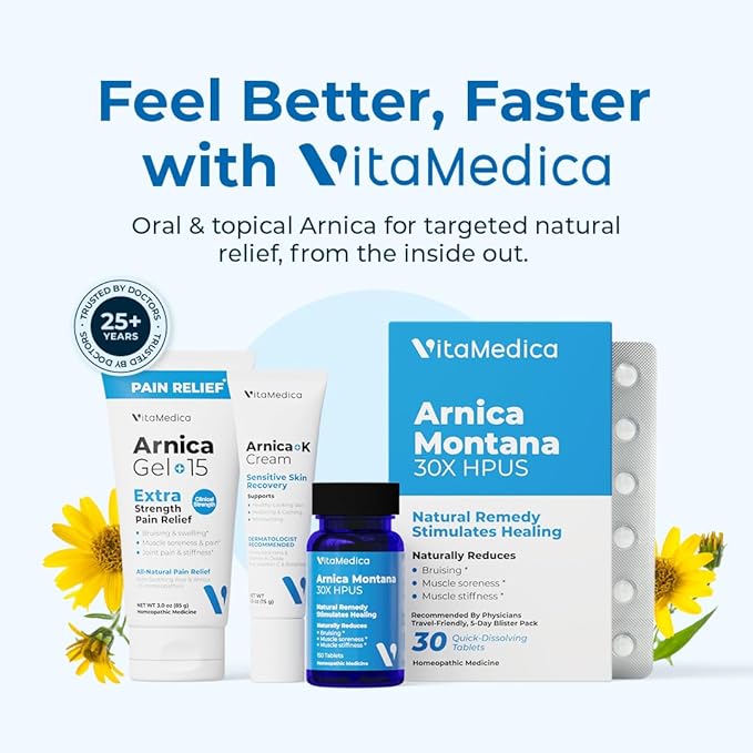 VitaMedica Arnica Montana 30X Homeopathic Tablets for Bruising Pain and Swelling | Plant Based Formula | Recommended by Plastic Surgeons | Natural Recovery Surgery Or Injury | 3 Pack | 150 Servings
