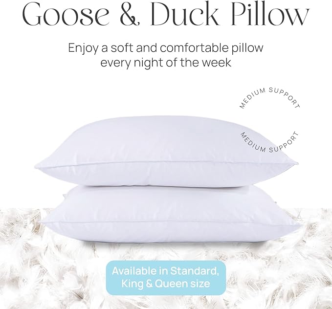 Pure Dream Firm Pillow - Standard Size 20x26 Inch Medium Support Goose Feather Down Pillows, 100% Cotton Shell, Standard Pillow Set of 2