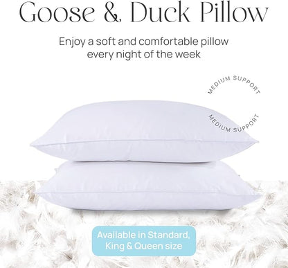 Pure Dream Firm Pillow - Standard Size 20x26 Inch Medium Support Goose Feather Down Pillows, 100% Cotton Shell, Standard Pillow Set of 2