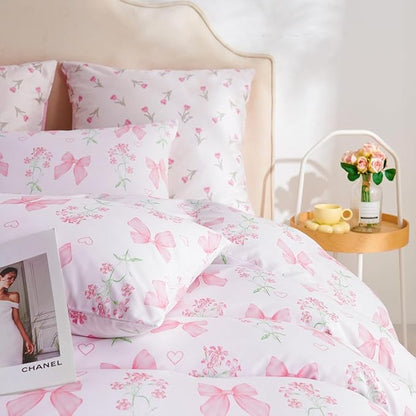 Duvet Cover Queen 3Pcs Pink Floral Bow Bedding Set for Girls Kids, Romantic Princess Style Bowknot Bedding, Ultra Soft Reversible Garden Flower Duvet Cover Set(2 Pillowcases,No Comforter)