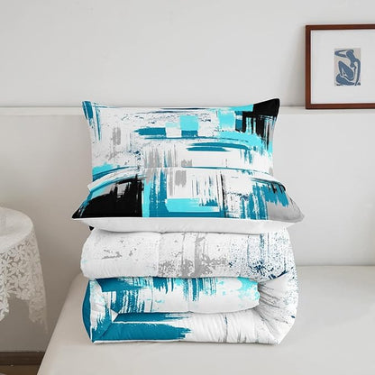 Abstract Comforter Set for Girls Boys Kids Modern Abstract Art Comforter Room Decorative Teal Blue White Black Bedding Set Luxury Duvet Set Toddler Size 2Pcs Comforter Inner Fill
