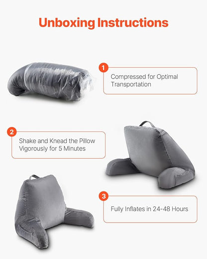 VEVOR Reading Pillow, Standard Size Back Pillow for Bed Sitting Up with 3 Pockets, Sitting Pillow for Bed with Shredded Memory Foam, Bed Chair Pillow for Watching TV, Reading, Gaming, Resting, Grey