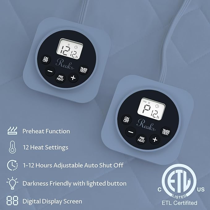 Queen Size Electric Heated Mattress Pad - Quilted Bed Warmer with Memory & Preheat Functions, 12 Heat Settings Dual Control for 1-12 Hours Auto Off, Lighted Button