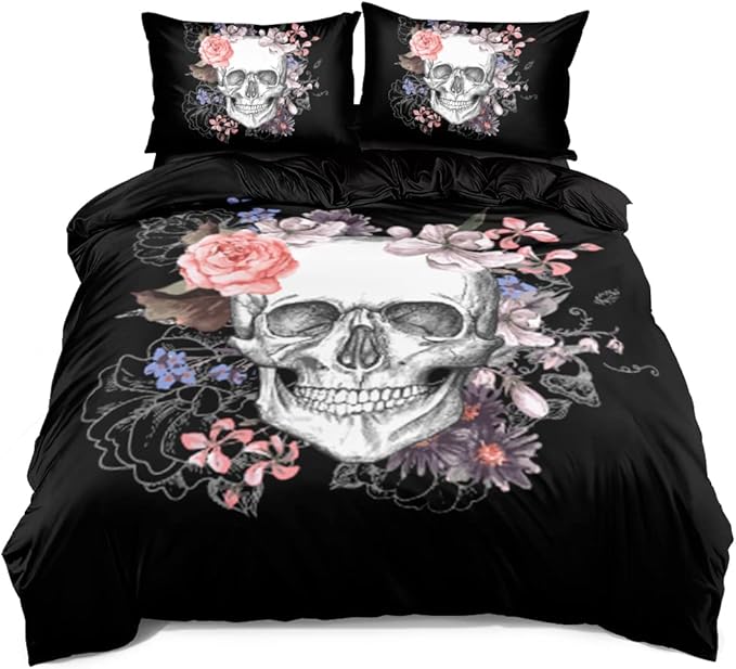 Classic Skull and Roses Duvet Cover Set Queen Size Gothic Skull Bedding Set Skeleton Bones Comforter Cover for Kids Adults Women Room Decor