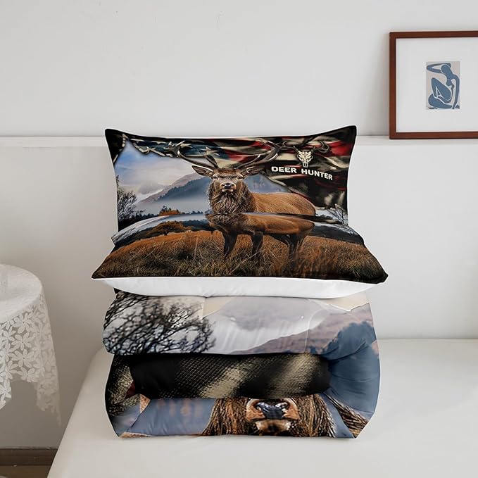 Deer Hunt Bedding Set Full Size American Flag Comforter Set 3pcs for Kids Boys Teens Men Bedroom Decor Skull Antlers Nature Animals Quilt Set Rustic Retro Duvet Insert,2 Pillowcases
