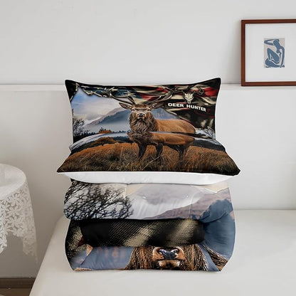 Deer Hunt Bedding Set Full Size American Flag Comforter Set 3pcs for Kids Boys Teens Men Bedroom Decor Skull Antlers Nature Animals Quilt Set Rustic Retro Duvet Insert,2 Pillowcases
