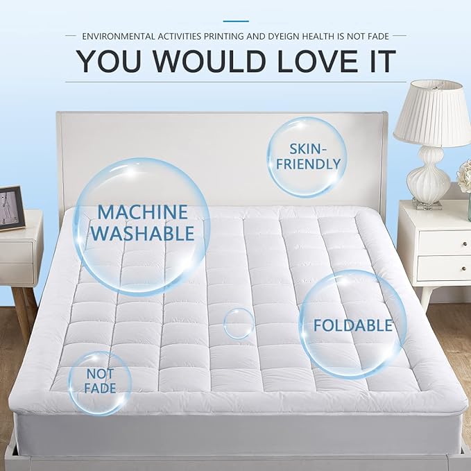 Twin Mattress Pad Cover Top with Stretches to 18” Deep Pocket Fits Up to 8”-21” Cooling White Bed Topper (Down Alternative, Twin Size)