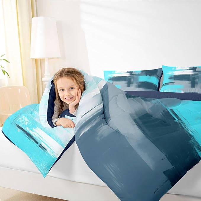 Feelyou Abstract Comforter Modern Abstract Art Comforter Set for Boys Girls Children Teal Blue Pattern Bedding Set Room Decor Twin Size Duvet Set 2Pcs