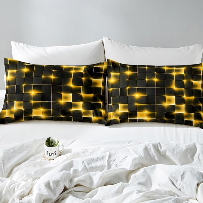 Castle Fairy Bedding Set Twin Size,3D Modern Abstract Square Grid Comforter Cover Set for Kids Girls,Golden Neon Light Geometric Print Bedding Quilt Cover Set Bedroom Decor, 2 Pcs