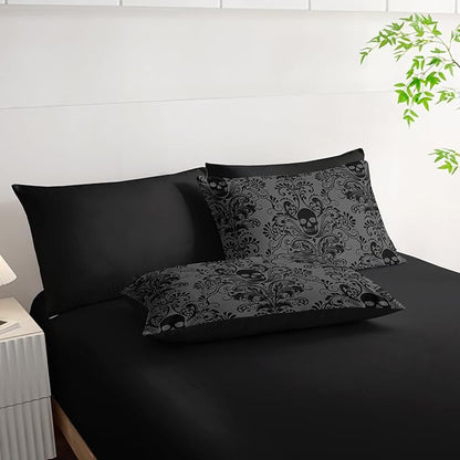 Black Skull Comforter Set 7 Piece Queen Size Bed in A Bag,Goth Bedding for Room Decor,Soft Western Comforter Boho Hippie Bedding with Fitted Sheet,Flat Sheet, Pillowcases & Shams