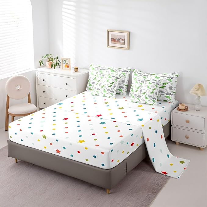 Feelyou Cute Dinosaur 7 Piece Bedding Set Bright Green Grey Dinosaur Comforter Set with Sheets for Kids Boys Girls Nutrue Palm Tree Bed in a Bag Animal Theme Bed Set Soft Lightweight