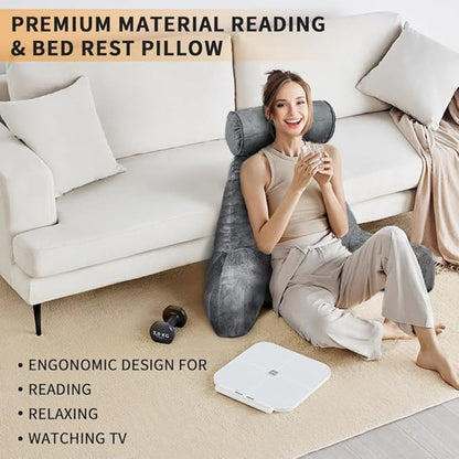 Reading Pillow for Sitting in Bed with Detachable Neck Roll & Big Bed Backrest Pillow Back Support Pillow Chair Pillow with Washable Cover for Adult with Arms and Side Pocket Shredded Foam
