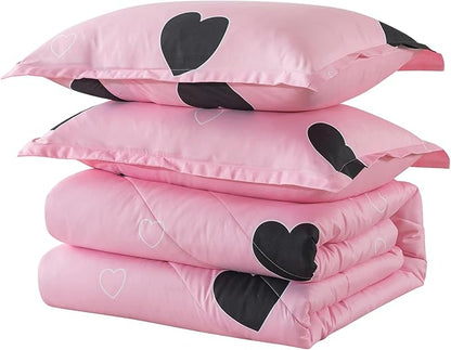 Caressma Love Pattern Girls Pink Comforter Set Full Size, Blush Pink Cute Love Heart Sexy Comforter Bedding Set for All Seasons, Geometric Microfiber 3 Pieces Comforter Set with Pillowcases