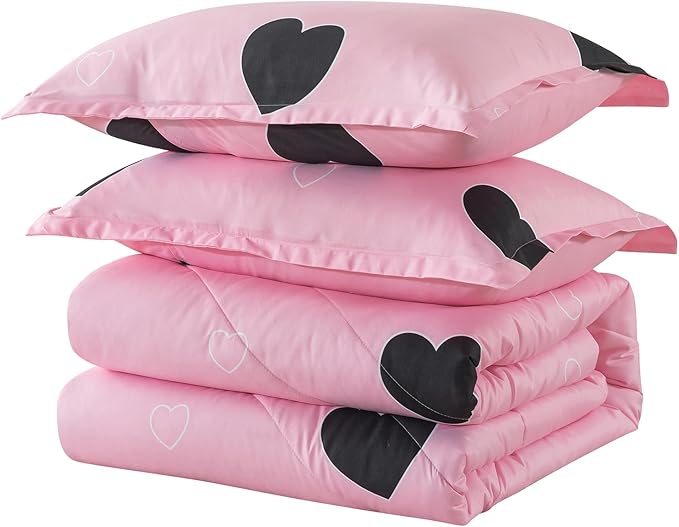 Caressma Girls Pink Comforter Set Twin Size - Blush Pink Cute Love Heart Print Comforter Bedding Set for All Seasons, Geometric Soft Microfiber Comforter Set with Pillowsham