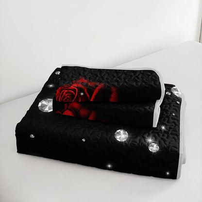 Red Floral Full Quilted Sets,Romantic Red and Black Bedding Quilt Set,Rose Pattern Soft Lightweight Bedding All Season for with 2 Pillowcases.