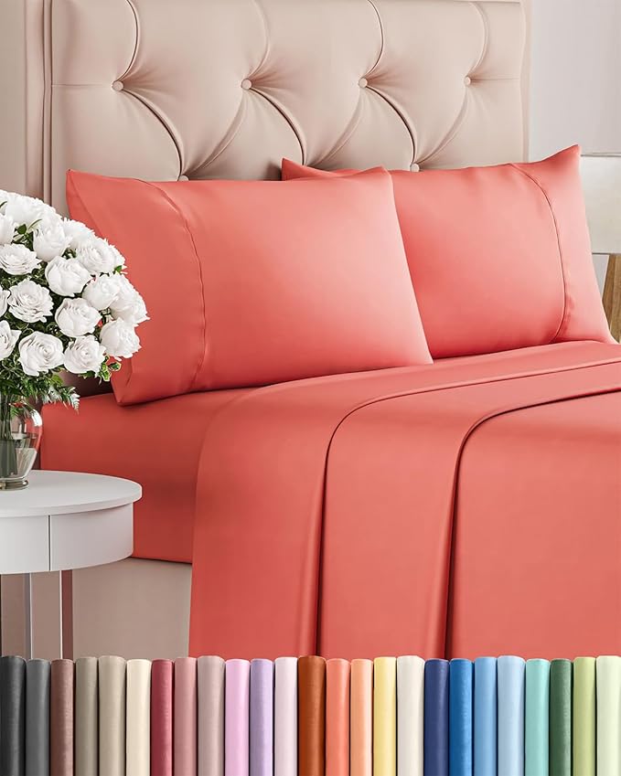Twin XL 4 Piece Sheet Set - Comfy Breathable & Cooling - Ultra Soft Hotel Luxury Bedding Set w/ 8-16 Inch Deep Pockets - 1 Flat & 1 Fitted Sheet & 2 Pillowcases - Wrinkle Free and Easy Care - Coral