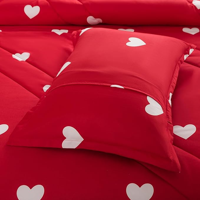 Caressma Love Queen Comforter Set - Romantic White Heart Print Red Bedding Comforter 3 Pieces Matching Pillowshams