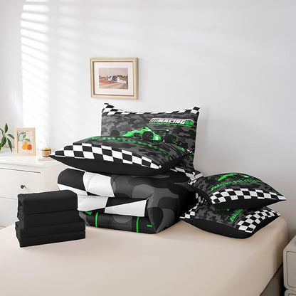 Feelyou Green Racing Car 7 Piece Bedding Set King Size Kids Boys Cartoon Race Car Comforter Set with Sheets for Teens Toddler Extreme Sports Bed in a Bag Camouflage Bed Set