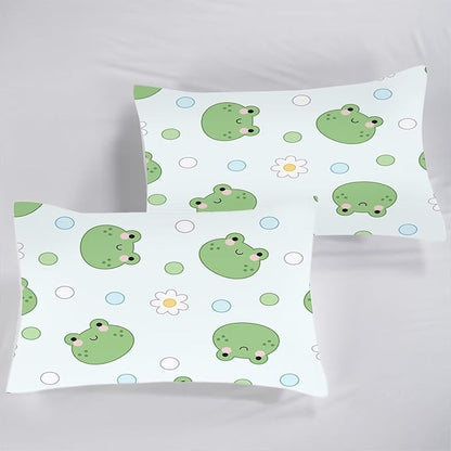Frog Sheets Set Twin: Kawaii Flower Frogs Bedding for Kids Girls Teens Bedroom Bed - 1 Flat Sheet, 1 Fitted Sheet, 1 Pillowcase
