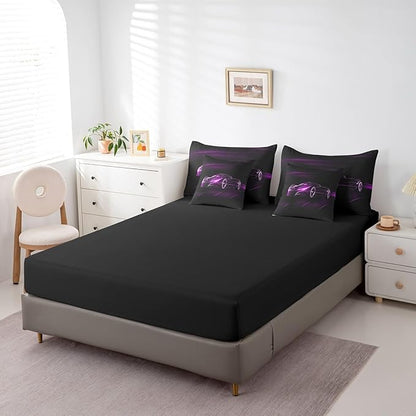 Feelyou Purple Race Car 7 Piece Bedding Set King Size for Kids Boys Extreme Sport Games Comforter Set with Sheets Teens Toddler Fast and Furious Bed in a Bag Cool Modern Bed Set