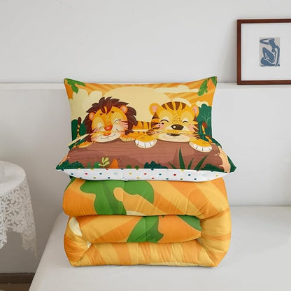 Cute Lion Tiger Bedding Set King Size Tropical Jungle Wildlife Comforter Set for Girls Boys Room Decor Cartoon Hand Drawn Style Down Comforter Flower Leaves Quilt Set with 2 Pillowcases