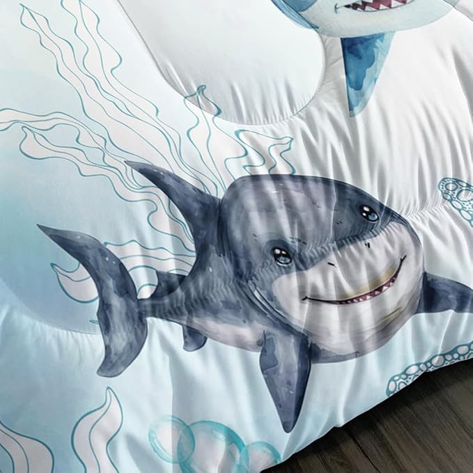 Boys Blue Ocean Shark Comforter Set Full Size Shark Starfish Bedding Sets Seaweed Quilt Bed Set for Kid Girls with 1 Comforter and 2 Pillowcases