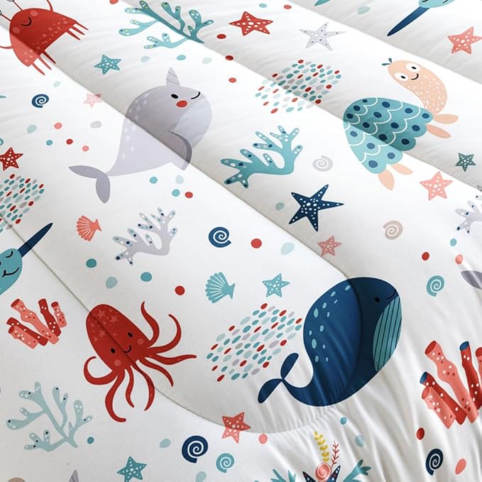 Kids Turtle Comforter Set Full Beach Theme Dolphin Starfish Seaweed Bedding Set Sea Animal Octopus Reptile Bed Set with 2 Pillowcases for Boys Girls Room Decor