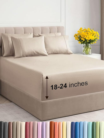 Extra Deep King Sheet Set - 6 Piece Breathable and Cooling Sheets - Hotel Luxury Bed Sheets Set - Easy & Secure Fit - Soft, Wrinkle Free and Comfy Sheets Set - Wheat Sheet Set with Extra Deep Pockets