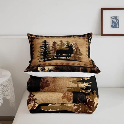 Feelyou Cute Deer Comforter Set for Girls Boys Kids Deer Hunting Bedding Set Room Decorative Rustic Bear Paw Print Bedding Canbin Brown Duvet Full Size 3Pcs
