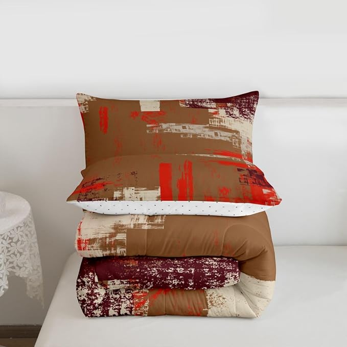 Feelyou Abstract Bedding Set Kids Modern Abstract Art Comforter Set Brown Orange Comforter for Boys Room Decor Lightweight Retro Duvet Set Full Size with 2 Pillow Case