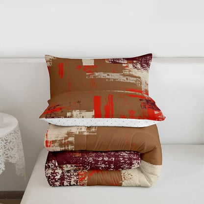 Feelyou Abstract Bedding Set Kids Modern Abstract Art Comforter Set Brown Orange Comforter for Boys Room Decor Lightweight Retro Duvet Set Twin Size with 1 Pillow Case