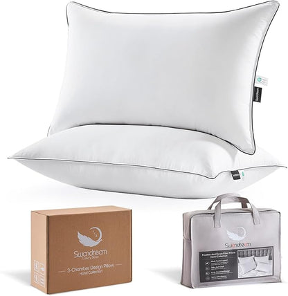 Goose Feather Down Fiber Pillows Queen Size Set of 2, Luxury 3-Chamber Pillows with Soft & Down-Proof Cover, Fluffy Plush Hotel Bed Pillows for Side, Back & Stomach Sleepers, 20"x30"