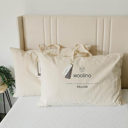 Woolino Premium Wool Pillow, Breathable 100% Wool Fill & Organic Cotton Cover Pillow Insert & Washable Quilted Shell, Sleeping Pillow with Adjustable Loft to Customize Thickness, Queen - 20x30 Inches