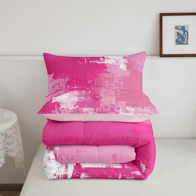 Feelyou Pink Abstract Duvet Quilt Geometric Bedding Set for Kids Boys Girls Teens Room Decor Modern Comforter Set Toddler Size Buffalo Check 2Pcs Breathable Soft Lightweight Microfiber