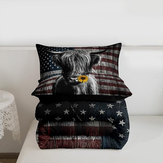 Feelyou Highland Cattle Bedding Set Sunflower Highland Cow Comforter Set for Kids Boys Girls America Flag Bull Comforter Animal Quilt Set 1 Comforter Set with 2 Pillowcases Queen Size