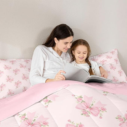 Erosebridal Cute Pink Floral Queen Comforter Set,Pink Coquette Bow Bedding Sets for Girls Kids Women,Princess Bowknot Bed Set,Boho Flower Wildflower Room Decor with 2 Pillowcases,Ultra Soft